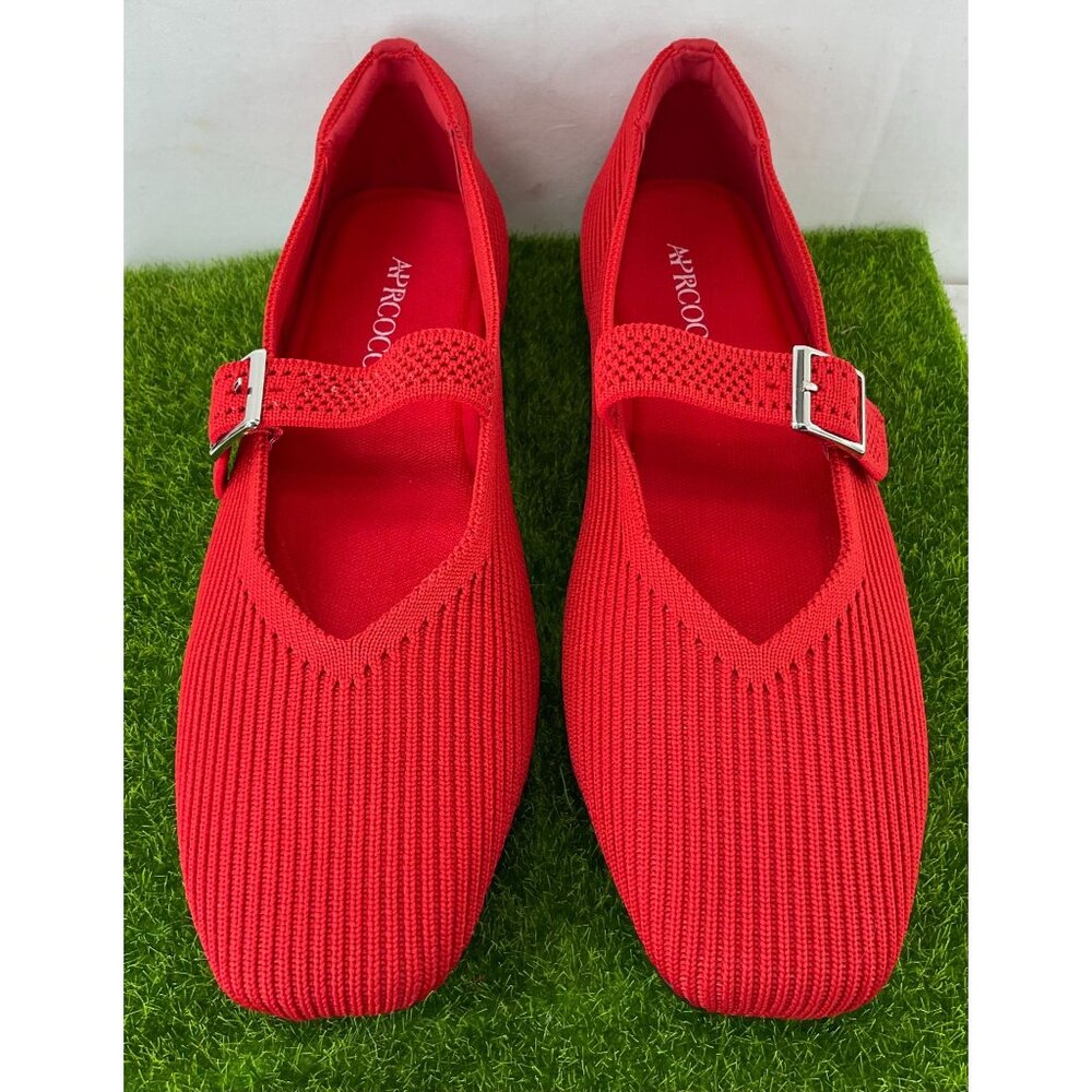 Red Mary Jane Style Knit Flats With Adjustable Buckle Strap - Picture 2 of 9